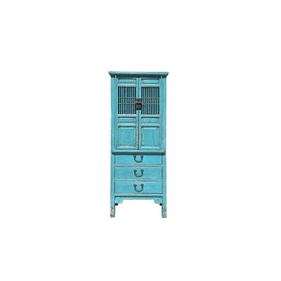 Gabinete de almacenamiento de puertas de persiana para tallar madera delgada azul aguamarina envejecida ws4067 Foto 1 de 4