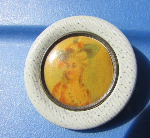 Antique Button Pictorial Victorian Steel Colonial Woman Pin Dot Fabric Picture Cover