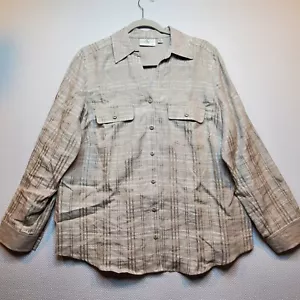 Studio Works Womens Long Tab Sleeve Button Top Shirt 1X Beige Split Hem Linen - Picture 1 of 12
