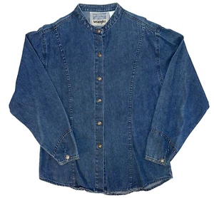 VINTAGE Wrangler Shirt Womens Medium Blue Denim Button Up Band Collar Western - Picture 1 of 6