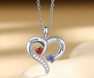 Engraved Loving Hearts Mother's Day Pendant Necklace 2 Names + 2 Birthstones - Picture 1 of 8
