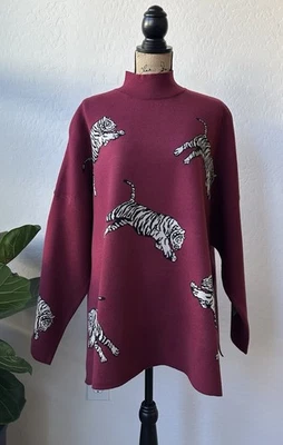 Nuevo con etiquetas Suéter Ali Miles Estampado Jacquard Tigre Cuello Simulado Manga 3/4 Popover Talla 2X Foto 1 de 4