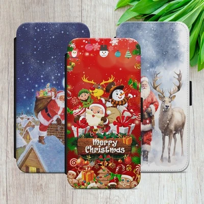 CHRISTMAS SANTA FLIP CASE FOR IPHONE SAMSUNG GOOGLE REINDEER WALLET PHONE COVER - Image 1 of 4