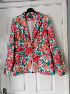 APRICOT LADIES L UK 14-16 PINK/TEAL FLORAL TROPICAL LINED COTTON JACKET - Picture 1 of 7