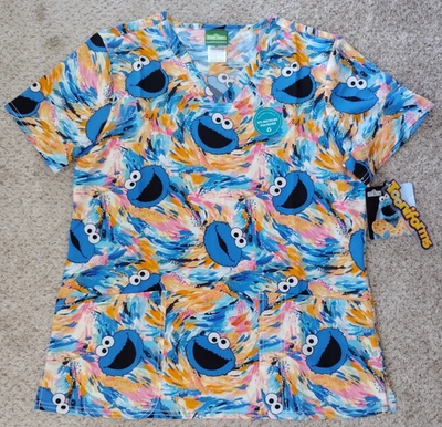 Cooke Monster Scrub Shirt Womens M Sesame Street Cherokee Uniform Toooniforms - Image 1 of 4