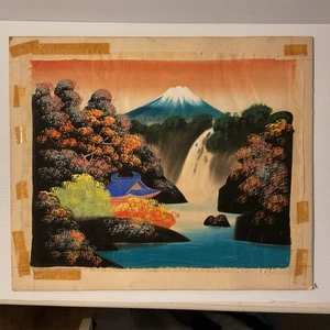 vintage japanese painting on silk Temple Waterfall Mt Fugi Background 18x14.5 - Picture 1 of 13