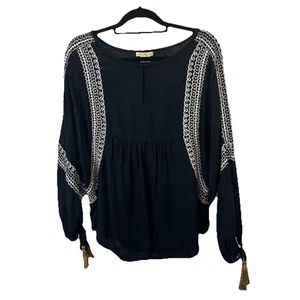 Sweet Magnolia Black Cream Embroidered Beaded Tie Cuff Sleeves Boho Top Size XL - Picture 1 of 10