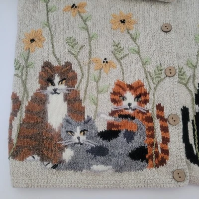 Cardigã feminino vintage North Isles mistura de linho pequeno Grandmacore gatos malha flor - Imagem 1 de 4