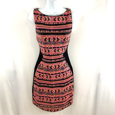 Hale Bob Size XS Coral Orange Black Dress Sequin Stripe Panel Ponte Cocktail - Image 1 of 4
