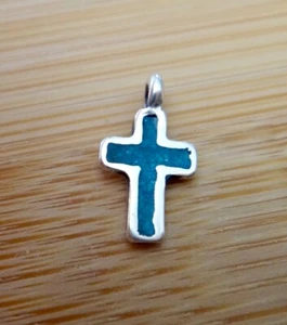 Sterling Silver Tiny 12x7mm Blue Turquoise chipped Stone Cross Charm! - Picture 1 of 6