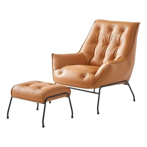 ACME Zusa Leather Upholstered Tufted Accent Chair and Ottoman in Tan - Picture 1 of 20