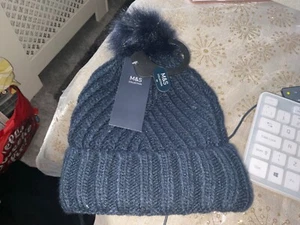 M & S LADIES NAVY FAUX FUR POM POM HAT NEW TAGS - Picture 1 of 2