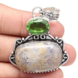Pendant Stick Agate Peridot Quartz Gemstone Handmade Silver Jewelry 2" - Picture 1 of 7