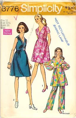 Vintage 1970 Simplicity 8776 Sewing Pattern Misses Dress 2 Lengths Pants Size 10 - Image 1 of 2
