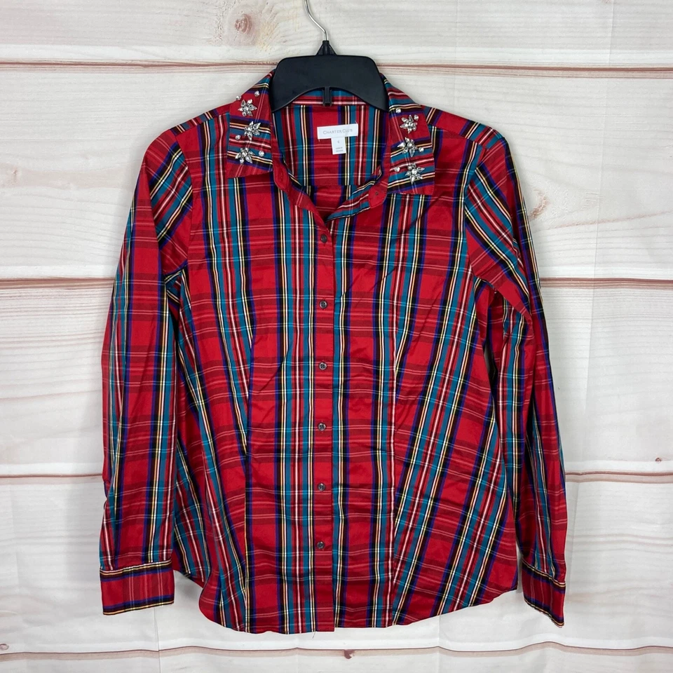 Camiseta Charter Club para mujer 6 roja tartán escocesa cuello abotonado estrás Foto 1 de 4