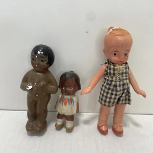 Vintage Japan Bisque 3.25" Bow Knot Molded Bangs Socks Tribal Lot Of 3 Dolls - Picture 1 of 8