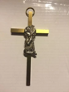 Polished Brass Cross with A Silver Tone Praying Girl On The Center- 4” T -ITALY - Picture 1 of 10