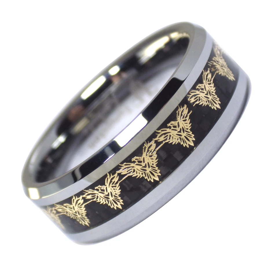 Anillo de tungsteno de fibra de carbono negro Phoenix Firebird dorado talla 5-17 para hombre mujer 8 mm Foto 1 de 4