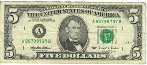 1995 5$ FRN - Small portrait w/ security thread - MEW/RER A90798737B - #15343 - Picture 1 of 2