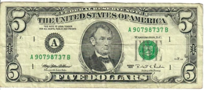 1995 5$ FRN - Small portrait w/ security thread - MEW/RER A90798737B - #15343 - Image 1 of 2