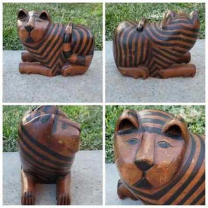Vtg Large Wooden Striped Cat Statue With Hidden Compartment - Picture 1 of 6