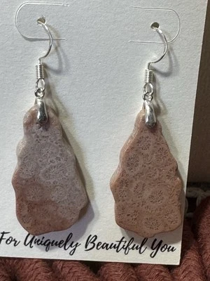 Pendientes colgantes de piedras preciosas boho de coral fosilizado de plata de ley 925 Foto 1 de 4