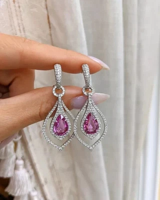 Pendiente de boda de diamantes con zafiro rosa natural corte pera de 6,98 quilates platino 950 Foto 1 de 4