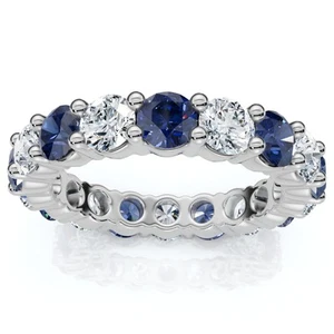3Ct Blue Sapphire & Diamond Eternity Ring 14k Gold Lab Grown - Picture 1 of 7