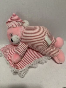 Nanco Schlafanzug Pyjama Bär mit Kissen rosa weiß gestreift Teddy Plüsch schlafen 16 Zoll - Bild 1 von 14
