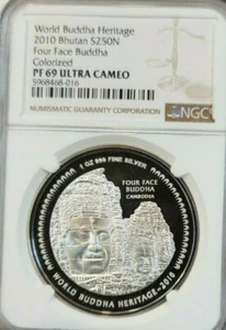 2010 BHUTAN SILVER 250 NGULTRUM FOUR FACED BUDDHA NGC PF 69 ULTRA CAMEO SCARCE - Picture 1 of 5