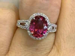3Ct Oval Cut Lab-Created Pink Sapphire Engagement Ring 14K White Gold Plated - Picture 1 of 8