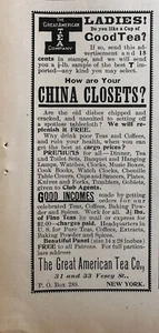 Anuncio impreso antiguo de The Great American Tea Company de 1896, anuncio de bebidas en blanco y negro - Imagen 1 de 1