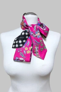 ETRO Rosa Seda Sarga Estrecha Larga Bufanda Diadema Floral Lunares - Imagen 1 de 11