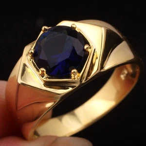 Herrenring 6 Krappen simulierter blauer Saphir vergoldet Größe 11 Modeschmuck - Bild 1 von 7
