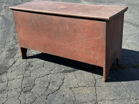 Early country New England 6 b blanket chest in original red wash over pine Cover