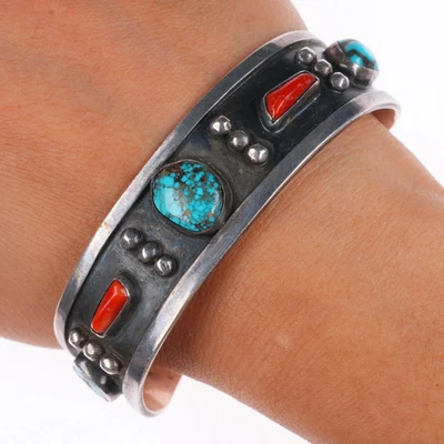 7" Vintage Navajo sterling silver, turquoise, coral modernist cuff bracelet - Image 1 of 4