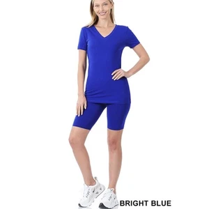 Zenana Cotton V-Neck Top & Biker Shorts set (Bright Blue)-Medium - Picture 1 of 3