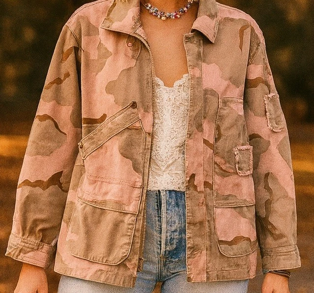 Jaqueta utilitária camuflada rosa por Anthropologie pequena deserto estilo militar outono boho - Imagem 1 de 4