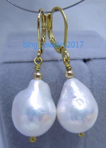 baroque AAA 13-16mm real natural south sea white Pearl Earrings 14k Yellow Gold - Picture 1 of 6