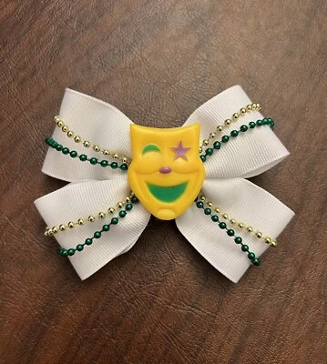 Mardi Gras White Yellow Mask Carnival Bead 4.5” Small Girls Hair Bow - Image 1 of 4