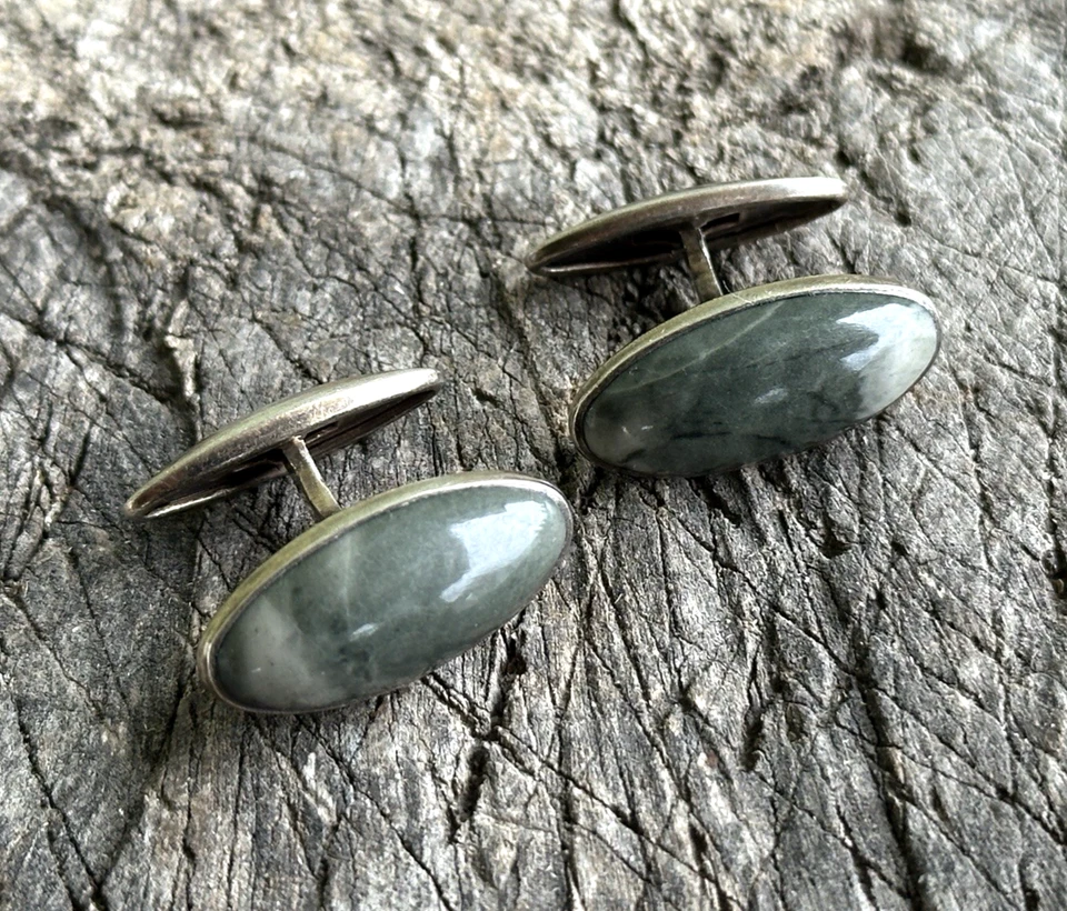 USSR cufflinks SILVER 875 green stone AGATE or Jade men jewelry steampunk Foto 1 de 1