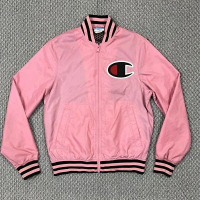 Champion 女式夹克小号粉色全拉链内衬冠军标志拼色 — 第 1/4 张图片