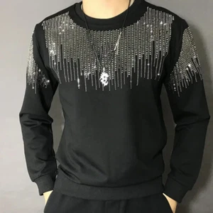 New Men Luxury Diamond Rhinestones Fashion Black Pullover High Quality - Picture 1 of 8