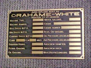 AVRO Aircraft Grahame-White data plate WW1 Acid Etched Brass - Picture 1 of 1