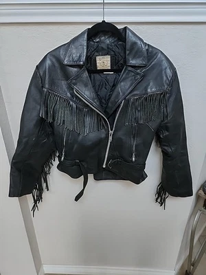 Chaqueta de motociclista vintage Vanson de cuero negra con flecos para mujer talla pequeña Foto 1 de 4