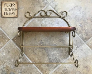 Vintage Bauernhaus Gold Schnörkel Metall Wand Holz Regal mit 2 Hand/Geschirr Handtuchhalter - Bild 1 von 15