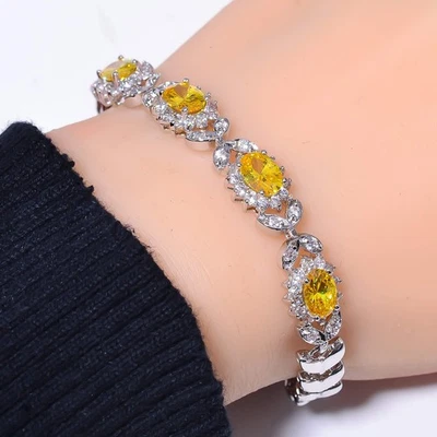 Yellow Sapphire & CZ Simulated 925 Silver Tennis Bracelet 7.99" B80 Gift for her - Image 1 of 4