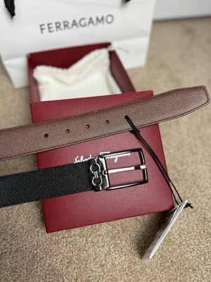 Cinturón reversible Ferragamo negro/marrón piel de becerro Gancini Gunmetal hebilla 80 cm 32 pulgadas Foto 1 de 4