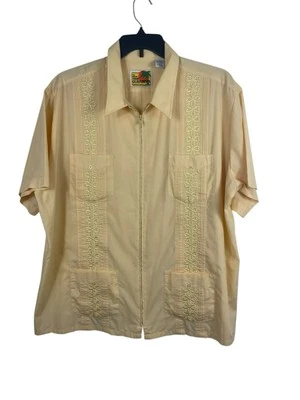 Haband Guayabera Shirt XXL Yellow Embroidered Full Zip Cuban Style Short Sleeve - Image 1 of 4