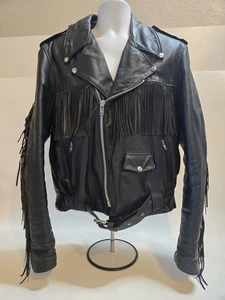 Vintage USA Dallas Premium Black Leather Fringe Biker Jacket Adult Size 44 - Picture 1 of 15